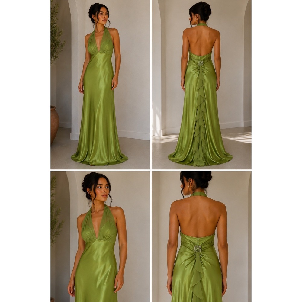 VTG Betsy & Adam Linda Bernell Green Satin Halter Gown Ruffle Back BA894 Size 14
